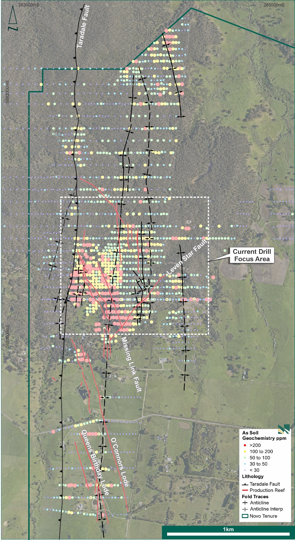 Diamond drilling focus at Belltopper. Figure depicts key reefs (red lines), arsenic in soil assays (points, red = >200 ppm As) and 