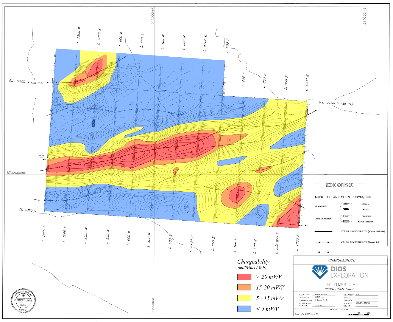 Chargeability coloured contours of strong IP anomalies