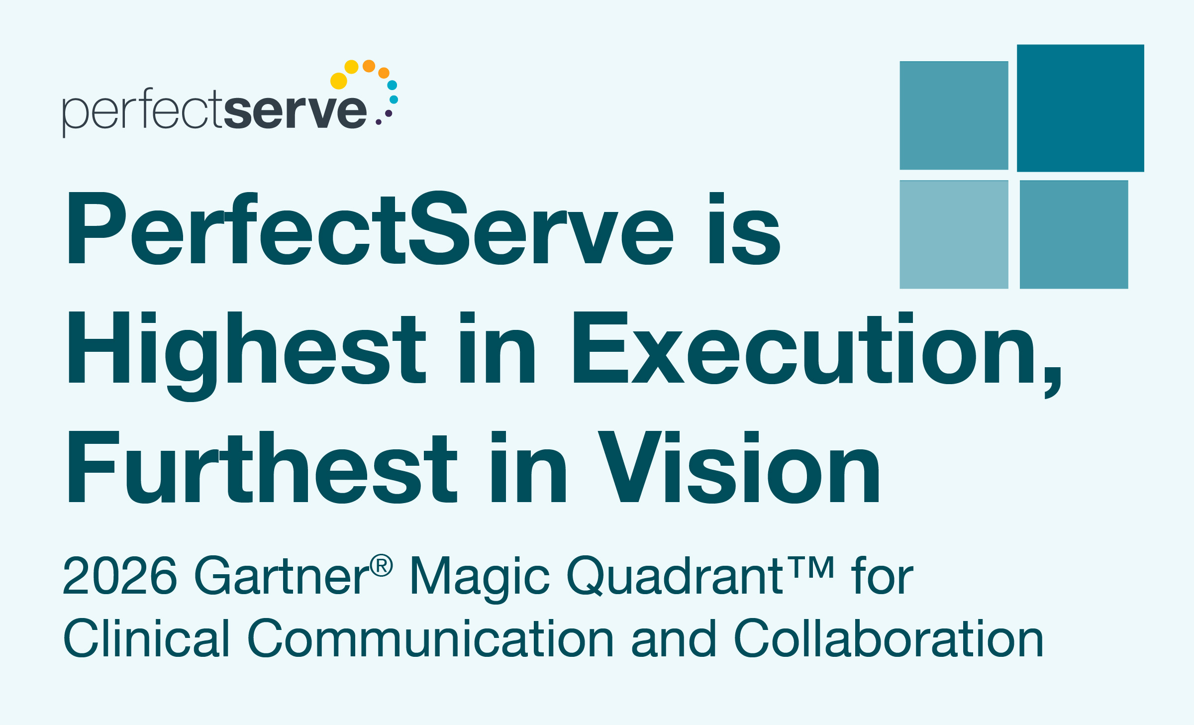 Image w/ blue background that says PerfectServe was named highest in execution & furthest in vision in the 2026 Gartner Magic Quadrant for CC&C.