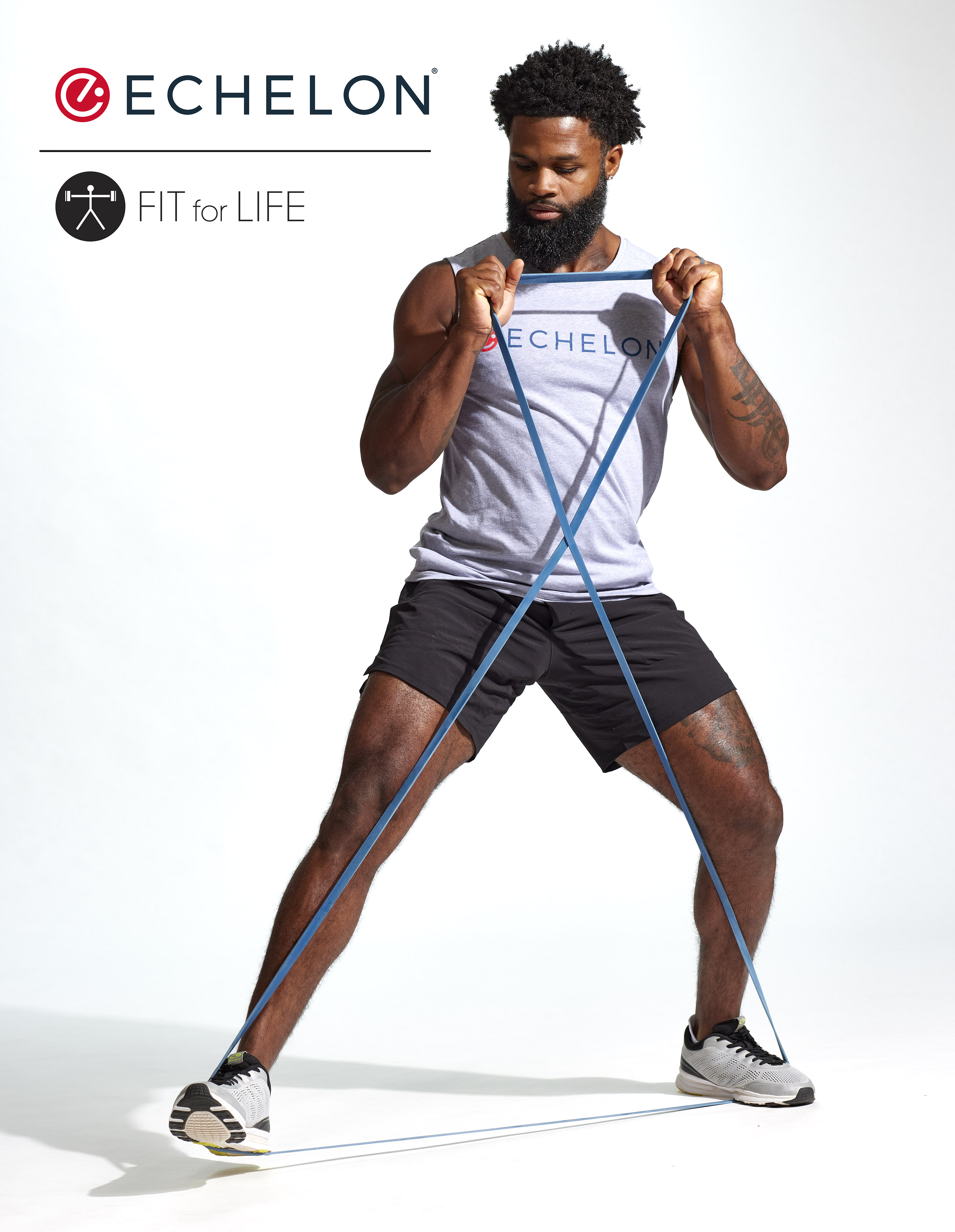 Man in Echelon shirt exercising with resistance bands showing Fit for Life and Echelon logo.