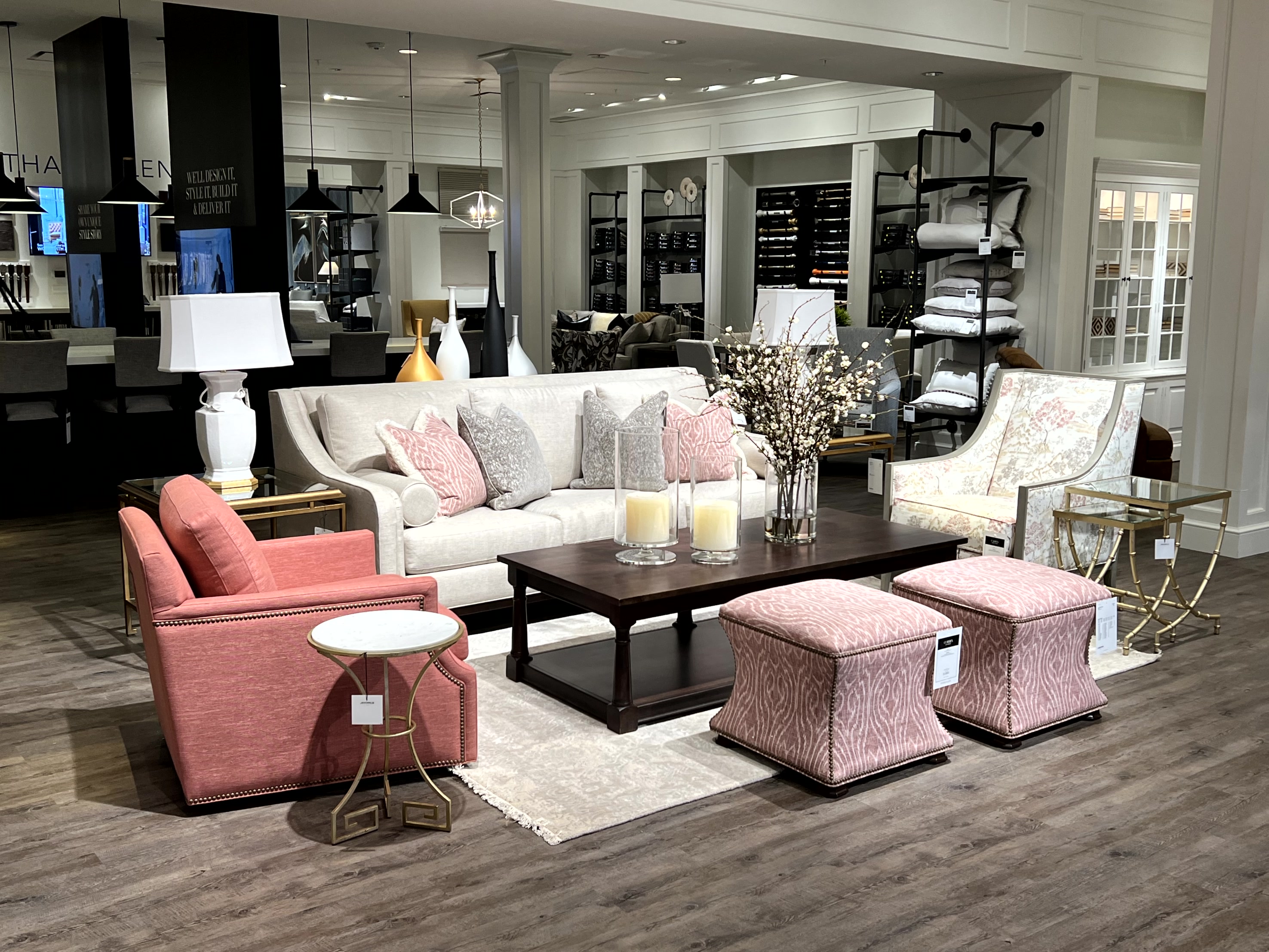 This living room, centered around Ethan Allen's custom Odell sofa, features a stunning blend of custom blush fabrics.