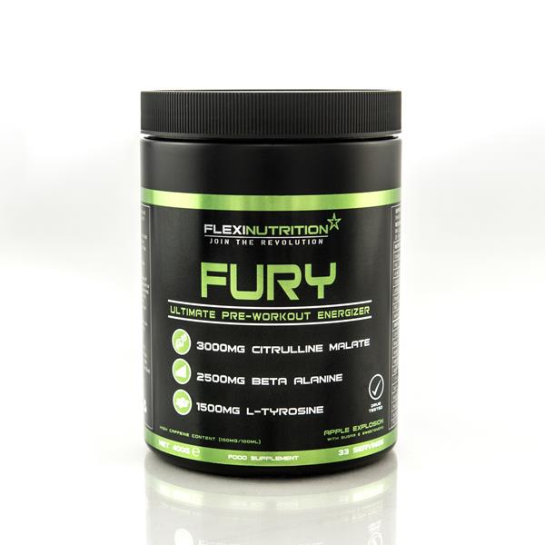 FURY Ultimate Pre-Workout Energizer is the most powerful, most effective, and most advanced pre-workout catalyst on the market. It delivers prolonged explosive energy and intense focus without the crash associated with other pre-trainers. Ingredients include High Caffeine Content, L-Tyrosine, Beta-Alanine, B-Vitamins, Citrulline Malate, and Arginine. Great taste and mixability.
