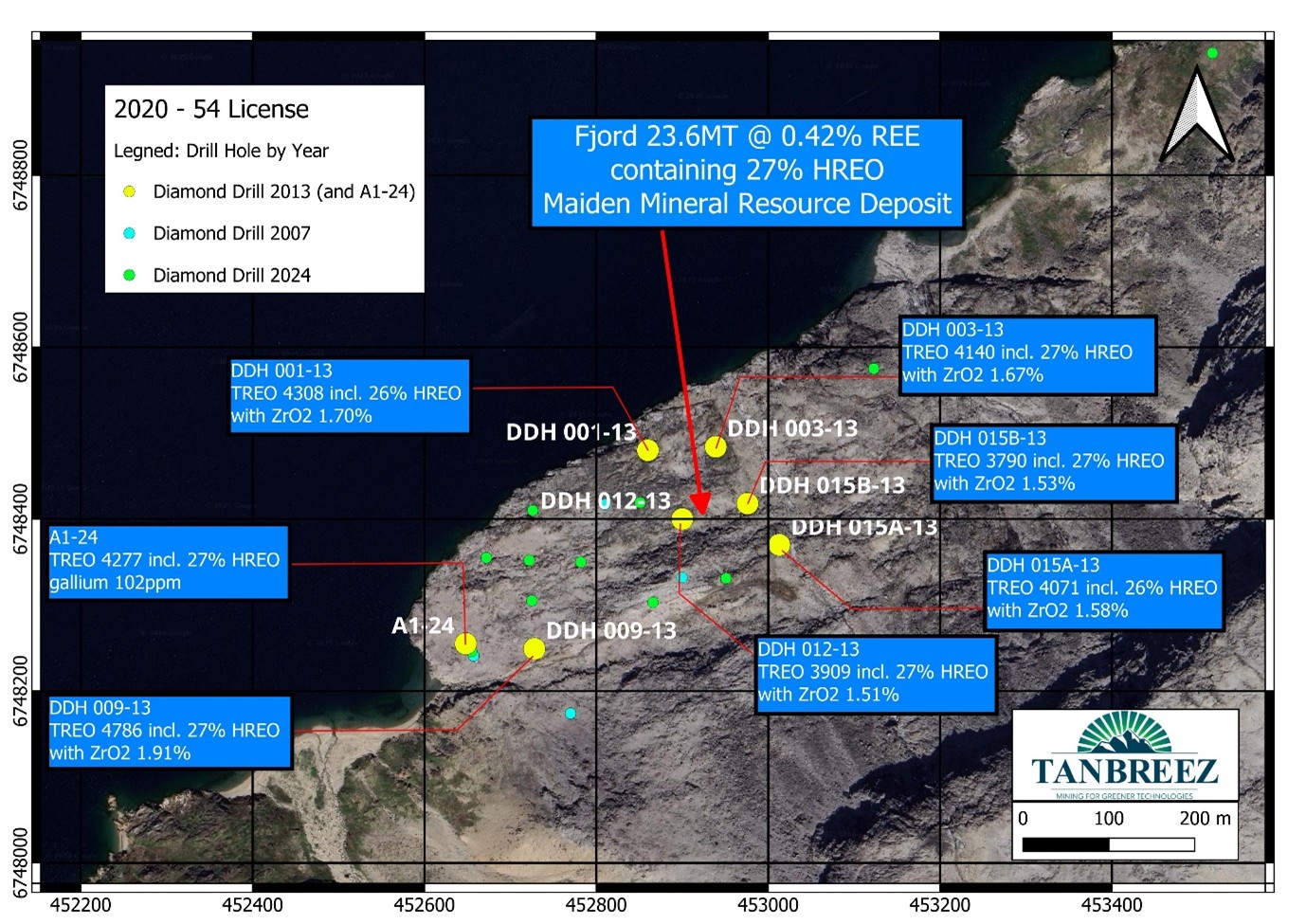 Drill hole collar positions for the newly released deep diamond holes in the Fjord Deposit area with the average assay results from surface.