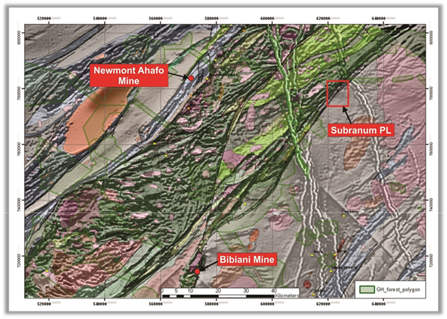 Figure 8: Subranum Project Tenement Straddling Bibiani Shear Zone