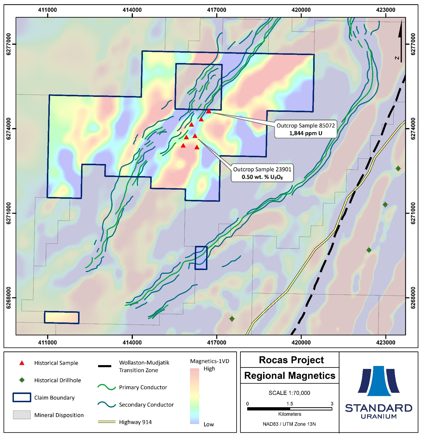 Plan map highlighting the magnetic low/EM conductor trend on the Rocas project coinciding with anomalous grab samples, with first vertical derivative magnetics in the background.