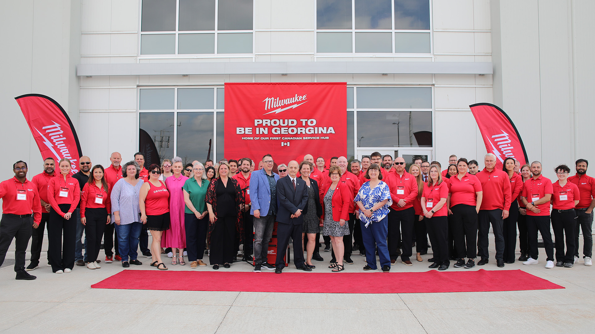The Milwaukee Tool and TTI teams, joined by Mayor Margaret Quirk, members of Georgina Town Council, and local community stakeholders celebrate the official opening of Milwaukee Tool's first-ever Canadian Service Hub.