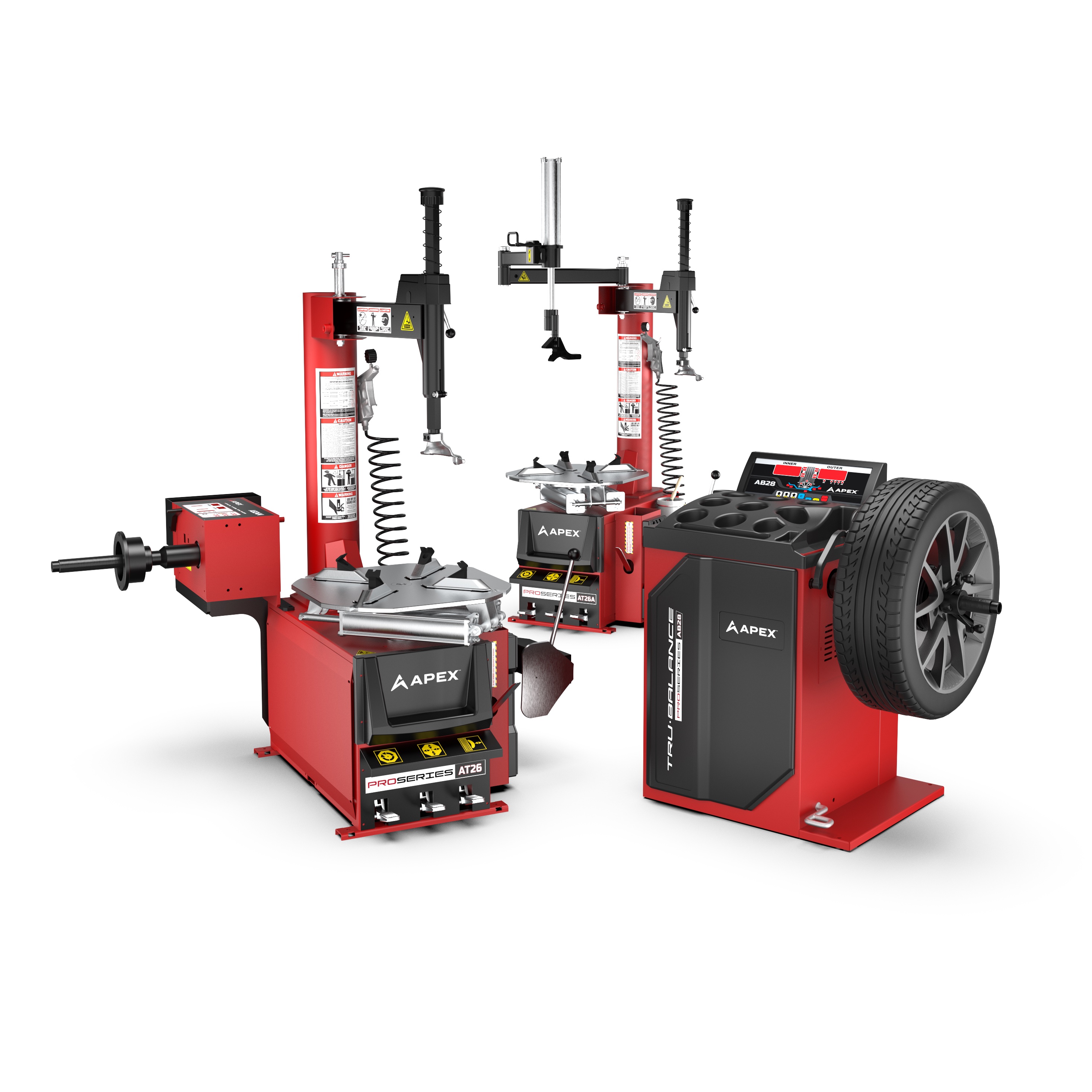 Two APEX tire changers, one with a manual wheel balancer attached, and a standalone wheel balancer