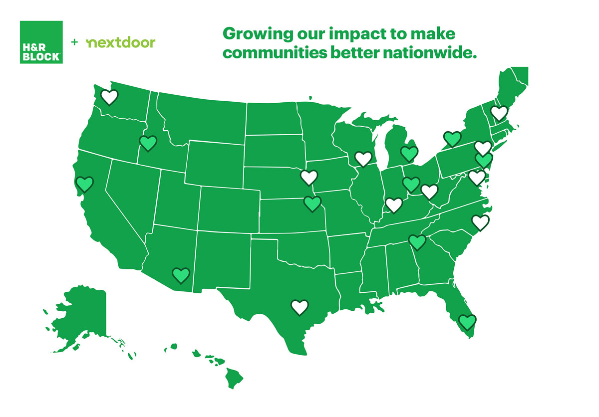 A map of the U.S. with 20 hearts indicating the locations of the 2020 and 2021 community projects