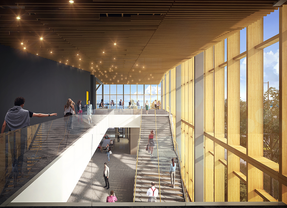 Central stair and interior detail of the new Field Arts & Events Hall in the Port Angeles Waterfront Center designed by LMN Architects.