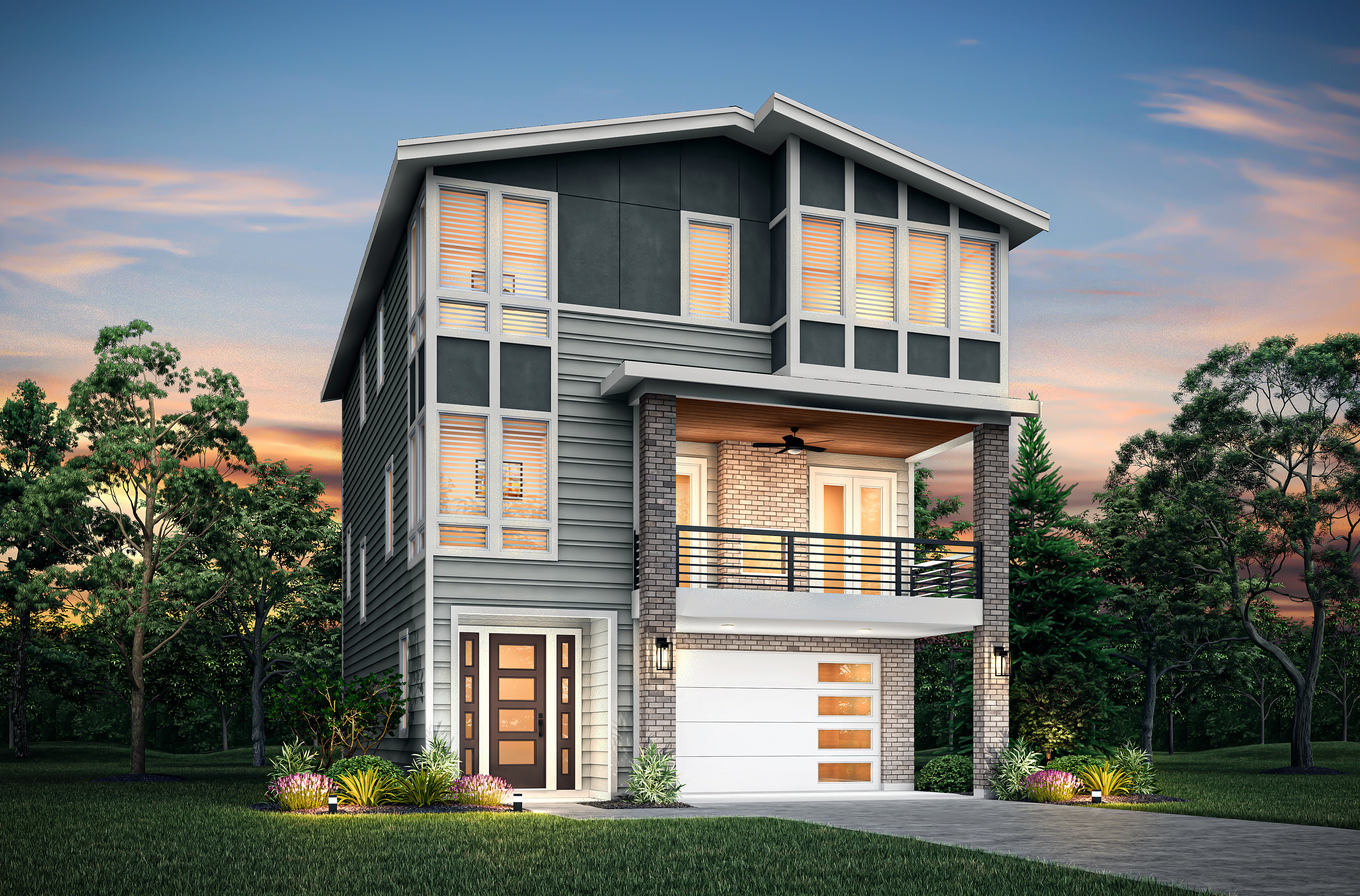 The four-bedroom, three-and-a-half-bath Americano includes black stainless steel KitchenAid appliances, a covered outdoor living area with a fireplace, a flex room, and a game room.