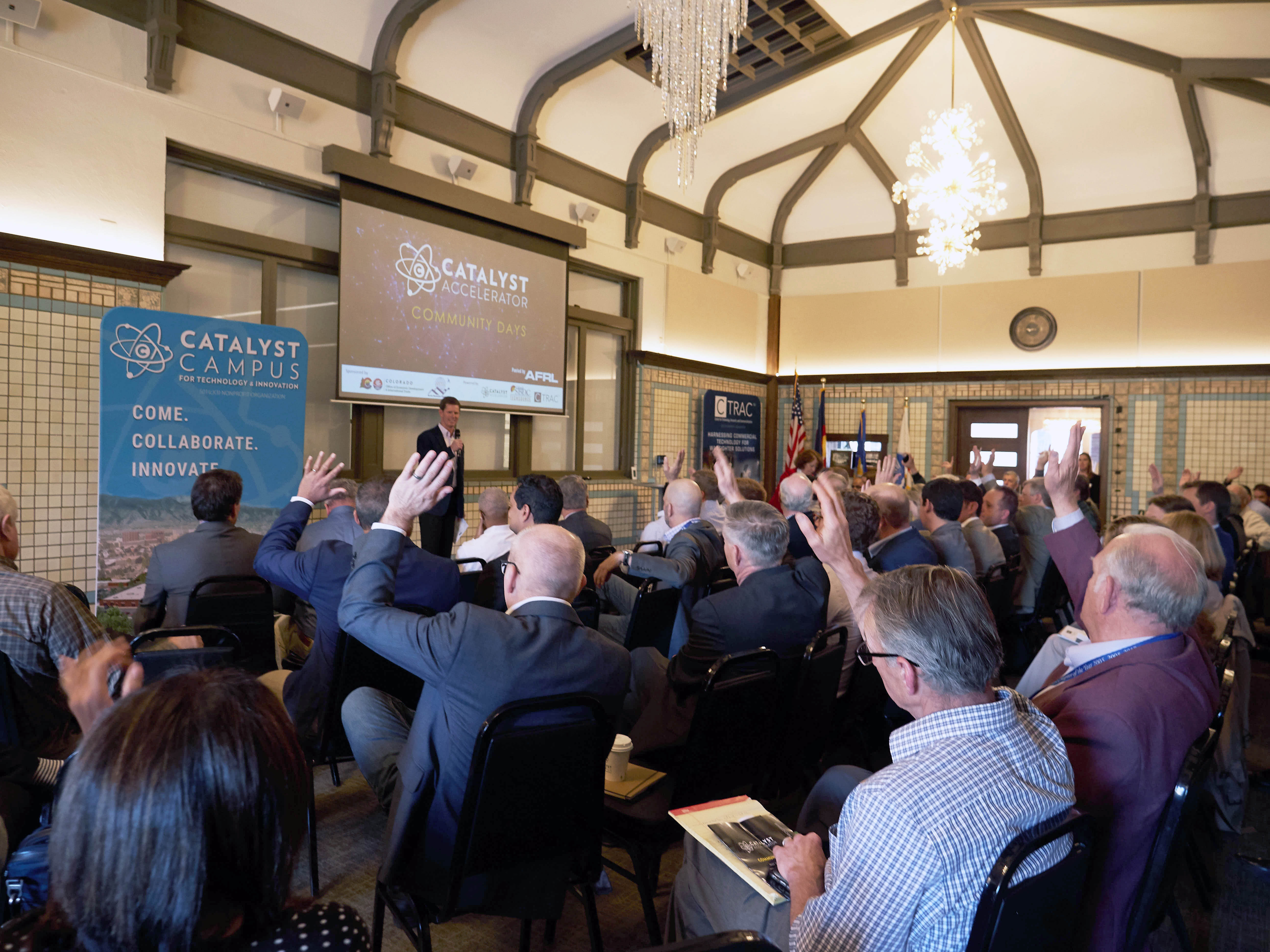Industry, academia and government SMEs gather together in the historic 1917 Harvey House on the Catalyst Campus for Catalyst Space Accelerator Community Days.