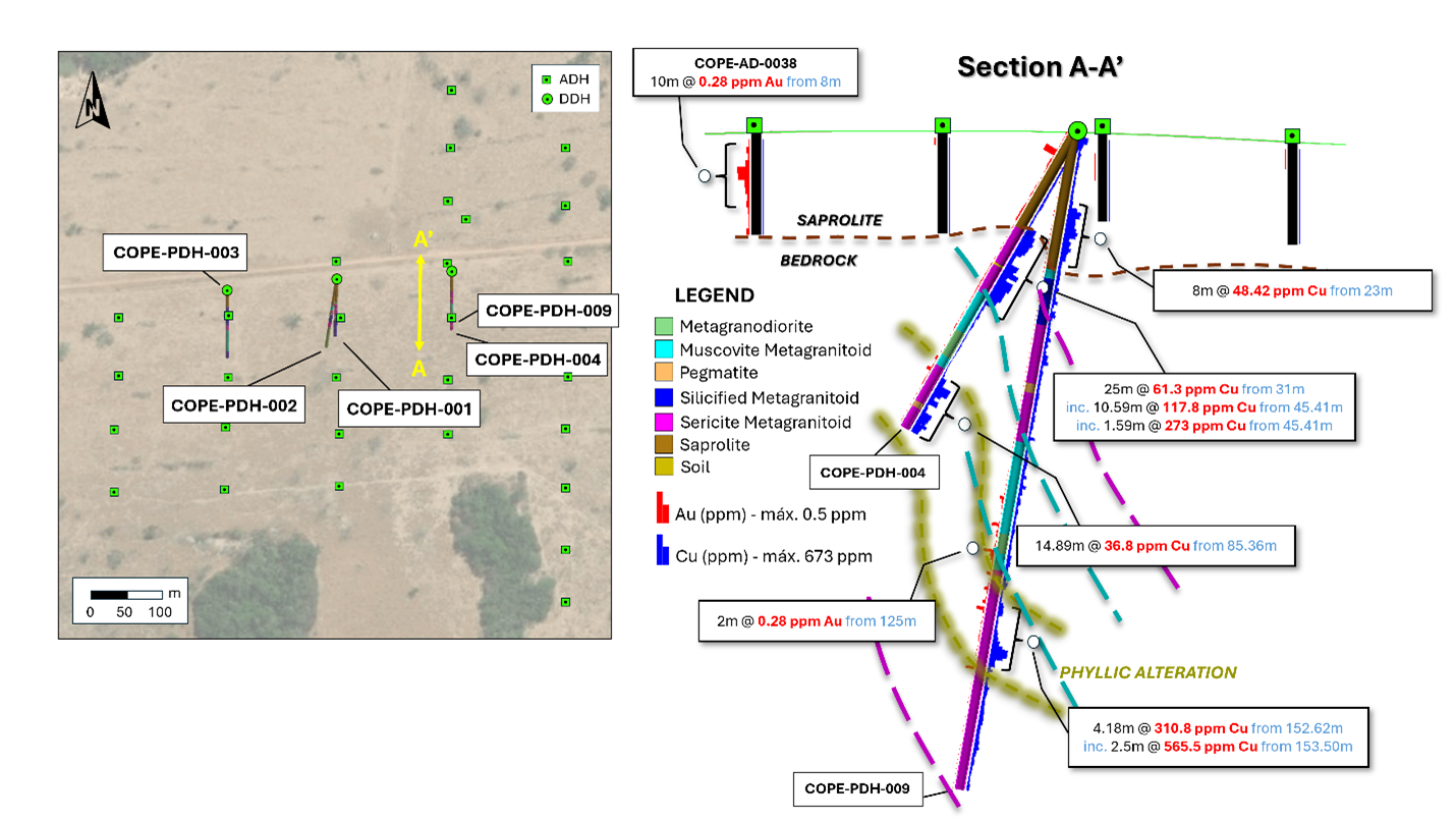 Significant intersections (Au and Cu) reported from diamond holes COPE-PDH-001, 002,003, 005 and 009 Copeçal East Target.