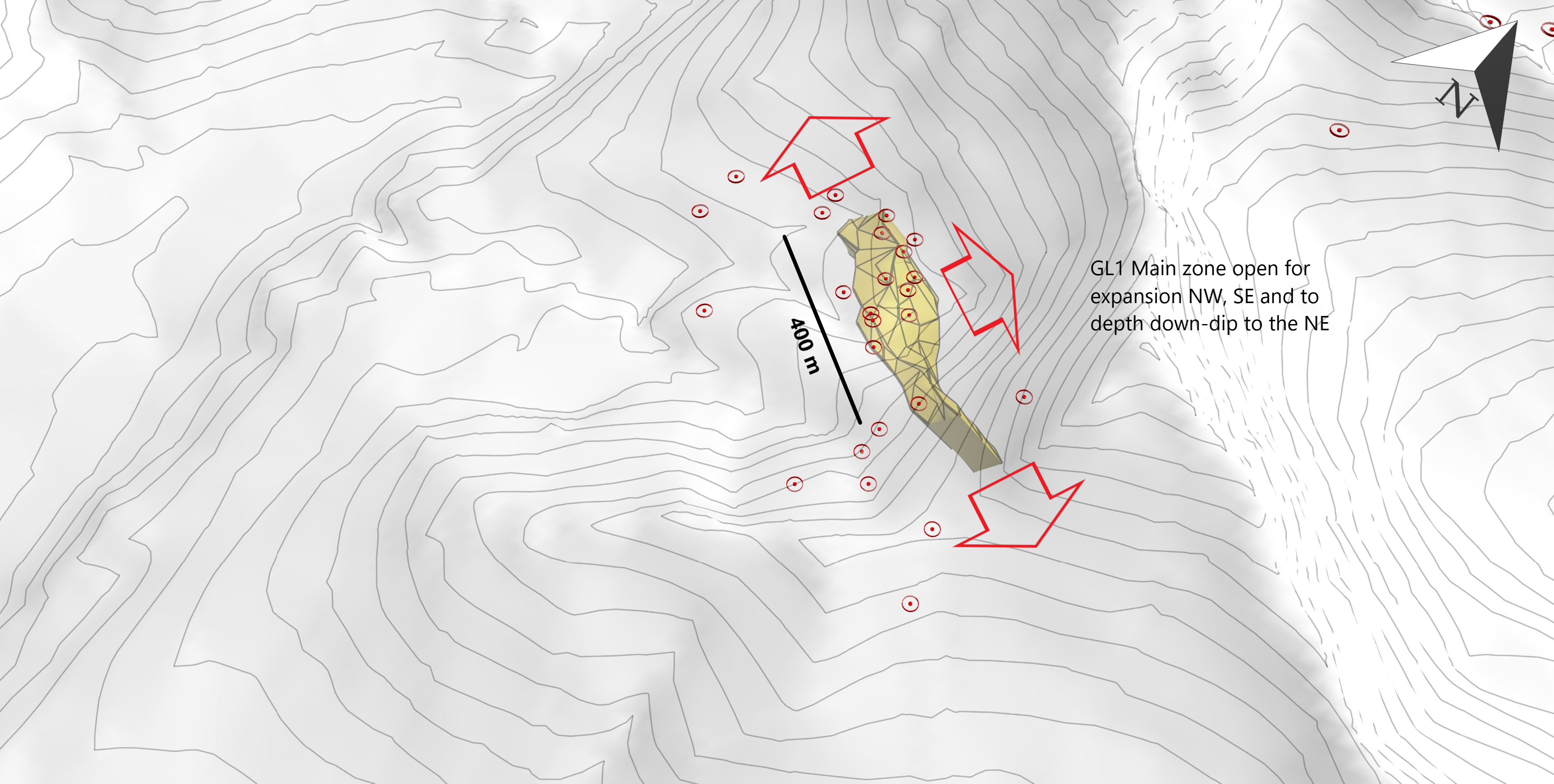 Figure 2 - Zoomed-in perspective view northwest of the modeled GL1 Main zone on topography