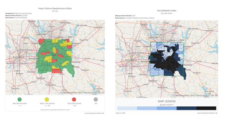 Zip code-level view of prominent community health and socioeconomic data.