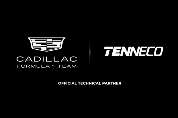 Tenneco logo next to Cadillac Formula 1® Team logo on a black background.