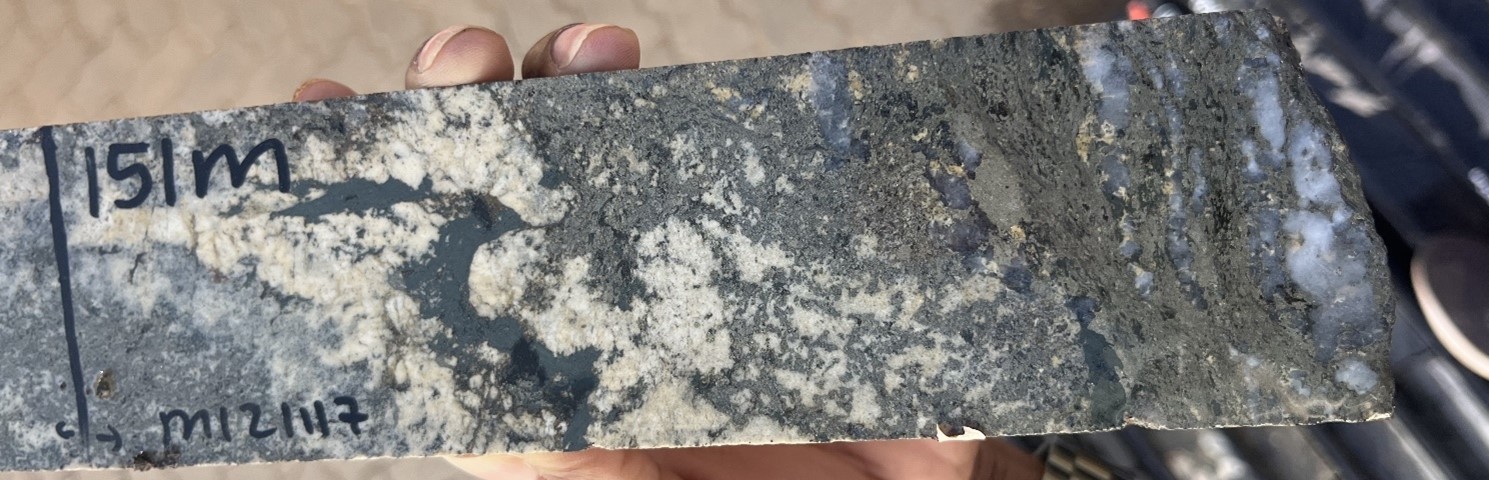 Hole ORD004 – Massive sulphide brecciating quartz and carbonate veins.