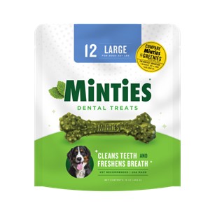 Available online, Minties® large-size dental treats offer dogs fresh breadth and help keep teeth clean and healthy