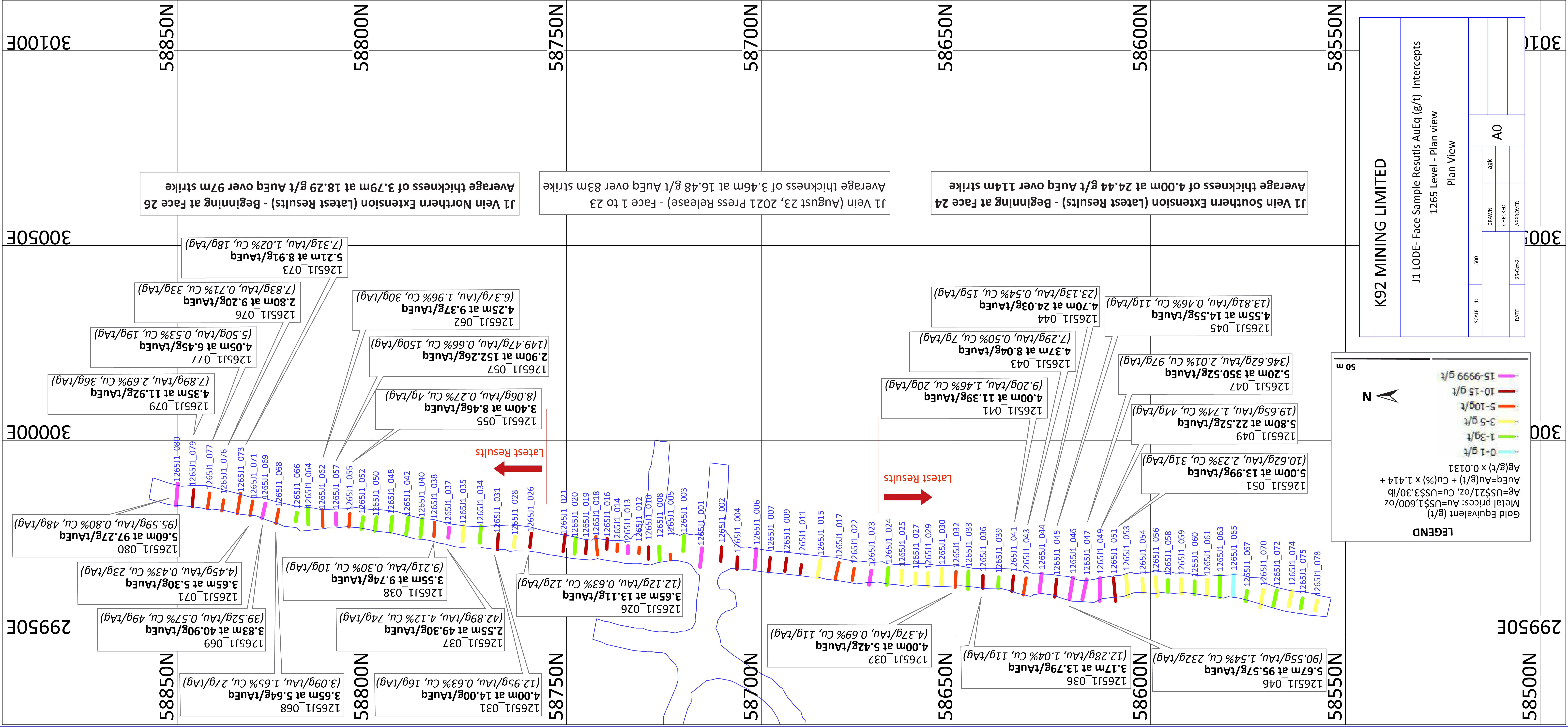 Figure 3 – Plan view of the Judd Vein #1 underground channel sampling with latest results (face 24 to 80)