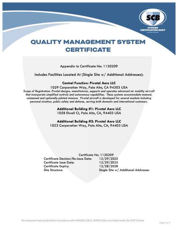 Pivotal: Appendix, 2025 Quality Management System Certificate, AS 9100D & ISO 9001