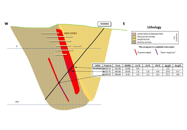 Nueva Celti cross section 0 containing hole NCDD002 from the current Western Metallica drilling program. The position of the mine levels is also shown.