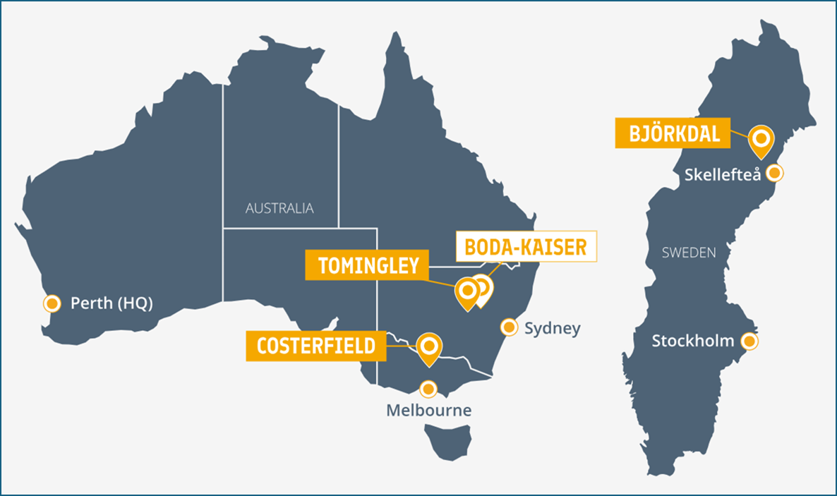 Map of Tomingley, Costerfield, Boda-Kaiser, and Bjorkdal