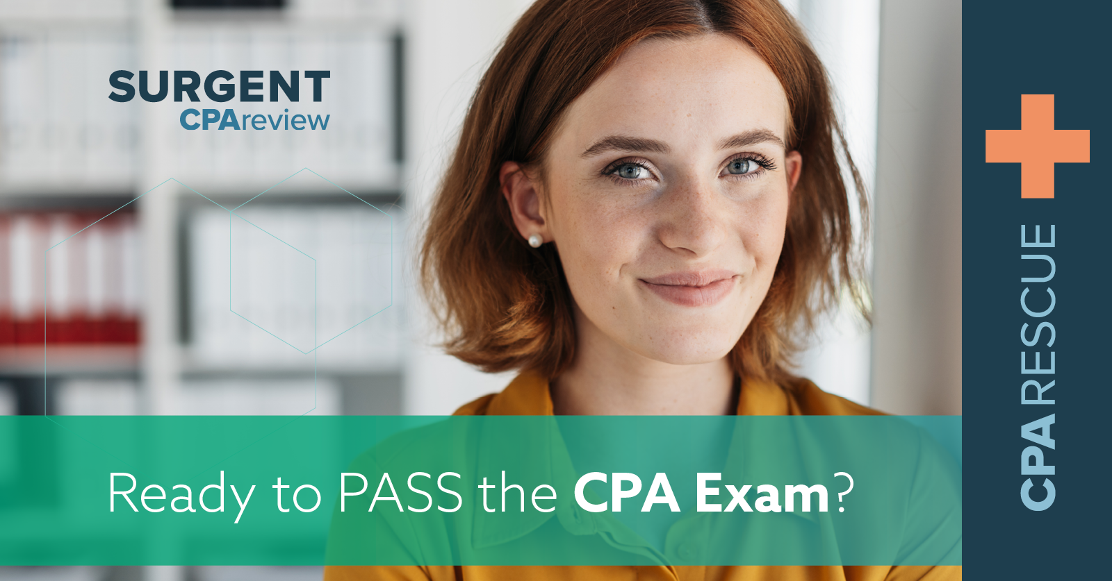 Close up of a young woman with red hair that is soft-smiling at the camera. Around her is the Surgent CPA Review logo and CPArescue promotional text.