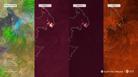 The SWIR/NIR/RED composite (far left) distinguishes vegetation from other types of land cover, which is important for predicting the progression of a fast-moving fire. The MWIR1 band (second from left) sees through smoke and detects fires that are small or relatively cool, which is essential for early detection. The MWIR1a band (second from right) is deliberately less sensitive to prevent oversaturation, like eclipse glasses for looking at the sun. Where MWIR1 saturates solid yellow, MWIR1a maintains detail, enabling the hottest parts of the fire to be precisely measured, but retaining the ability to detect new fire starts and reignitions. LWIR (far right) reveals temperature across the scene, including smoldering areas, cloud cover, and differentiation between cool forest and hot bare soil. LWIR also helps prevent false alarms such as heat signatures from sunlight glinting off bright surfaces like solar panels.