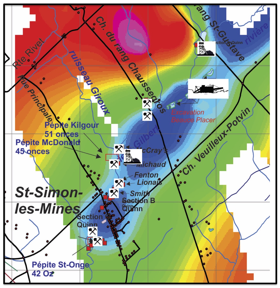 Anciennes mines d'or placers sur la carte d'intégration verticale de l'anomalie de Bouguer