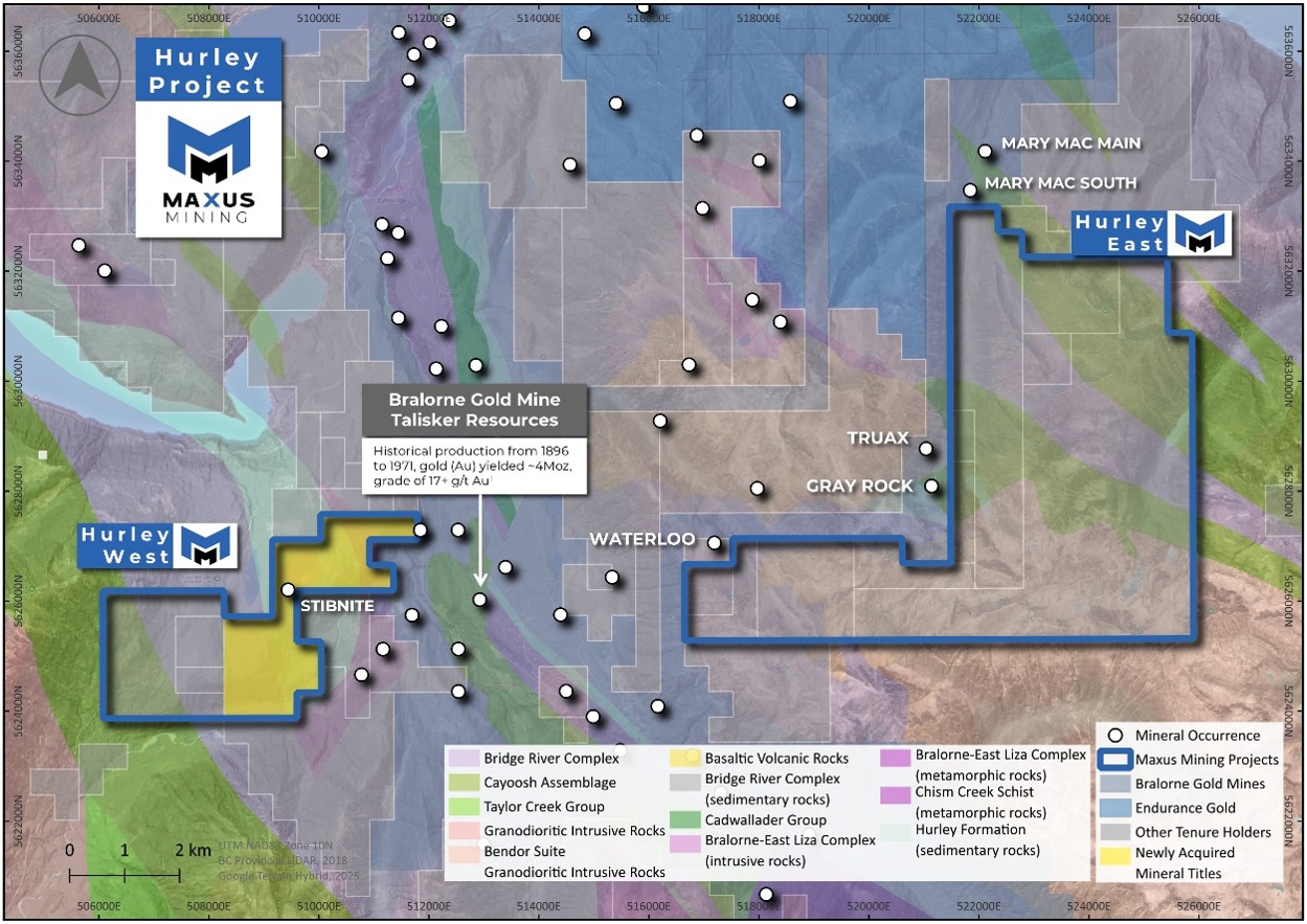 Hurley Project overview highlighting newly acquired claims and Stibnite showing 