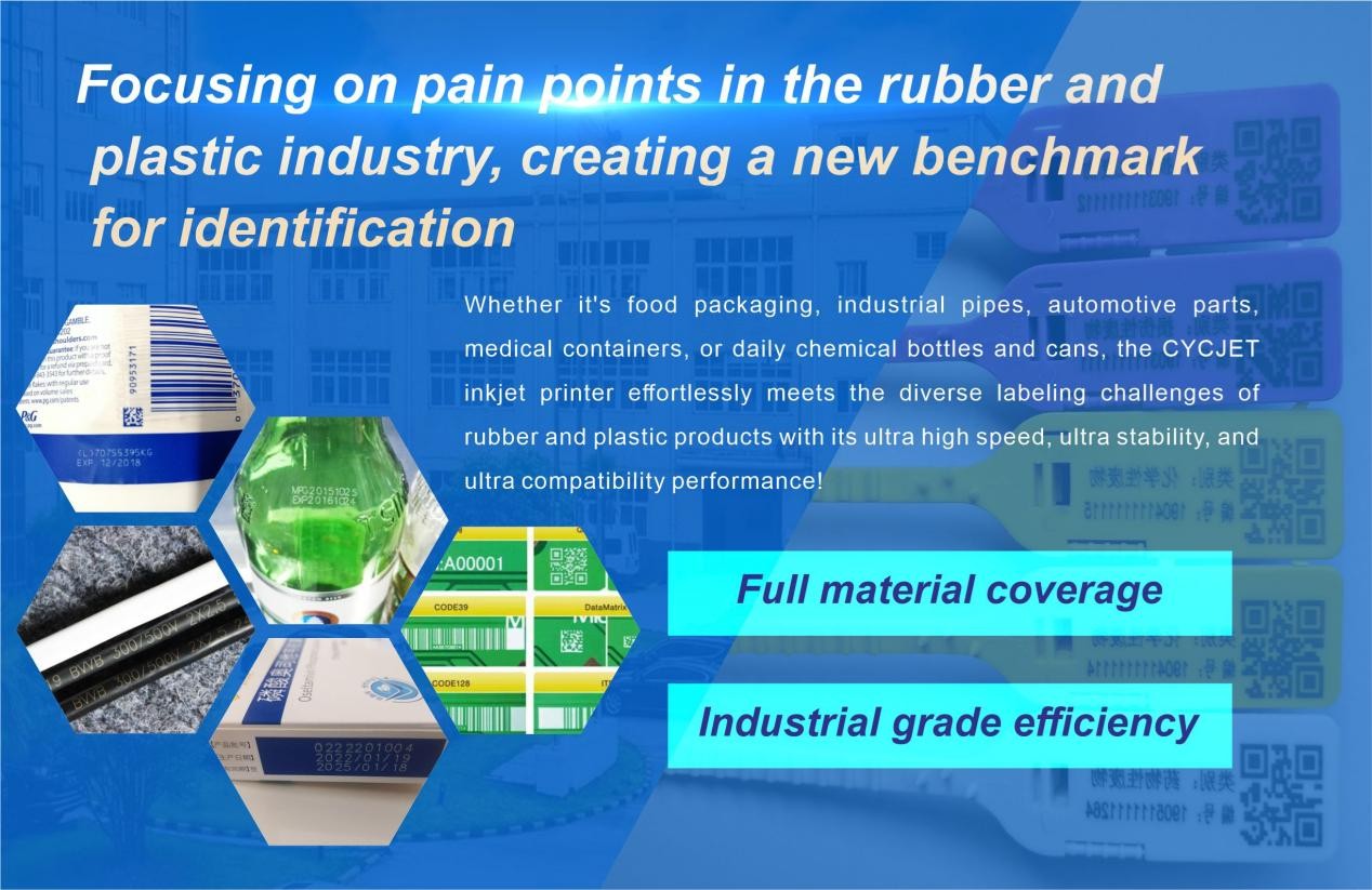 Whether it's food packaging.industrial pipes,automotive parts, medical containers,or daily chemical bottles and cans, the CYCJET inkjet printer effortlessly meets the diverse labeling challenges of rubber and plastic products with its ultra high speed, ultra stability, and ultra compatibility performance!