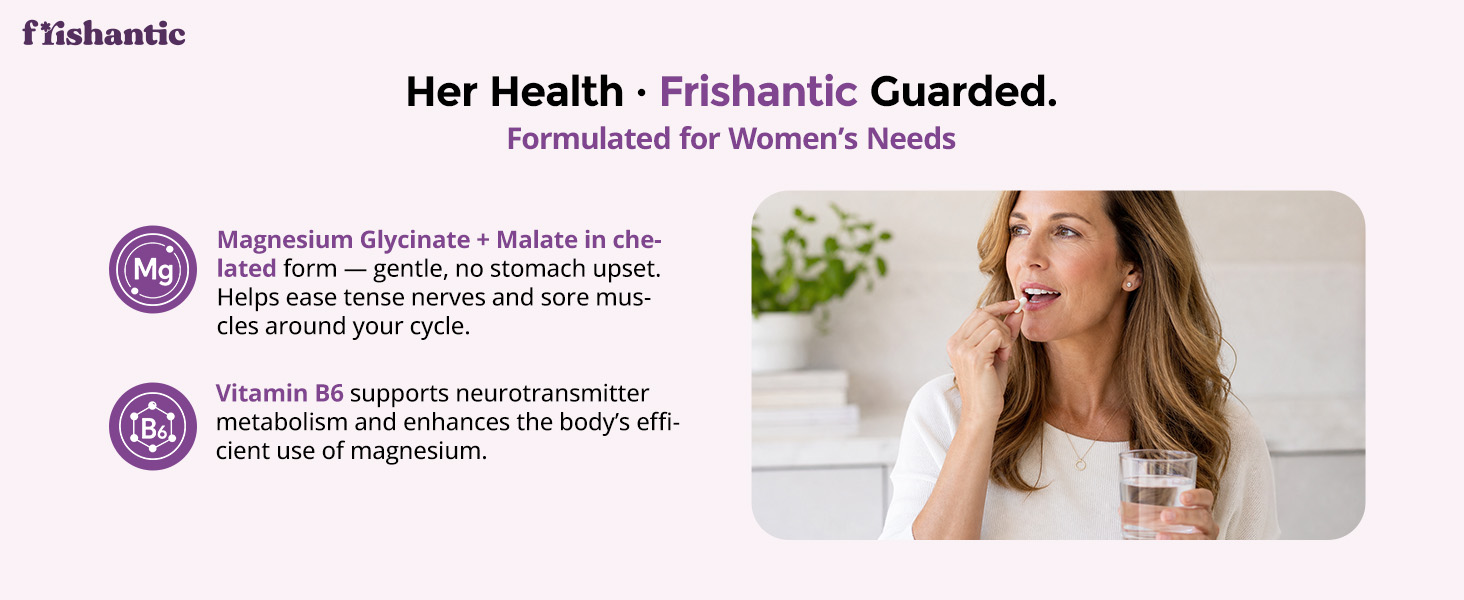 Frishantic women’s magnesium complex infographic showing gentle cycle & nerve support benefits