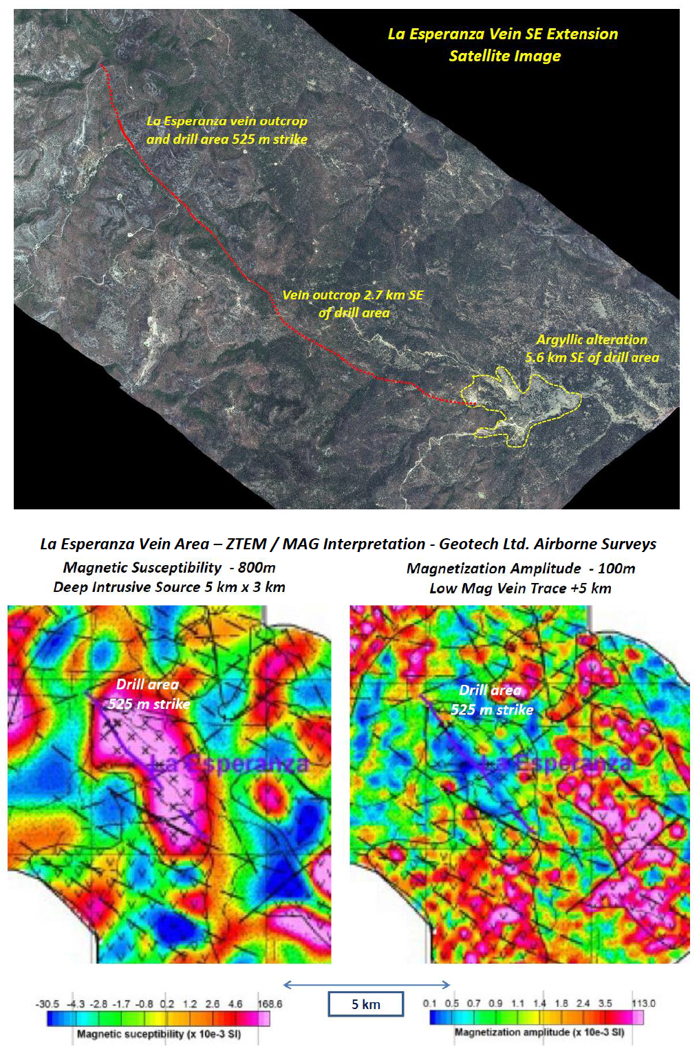 Fig. 2: La Esperanza Vein Potential Strike Extent – Satellite Image and ZTEM/MAG Interpretation