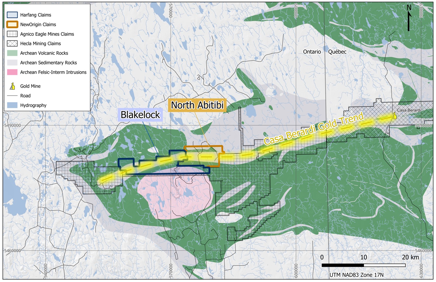 Zone de déformation Casa Berardi montrant la localisation stratégique du projet Blakelock de Harfang et du projet North Abitibi de NewOrigin du côté ontarien du corridor aurifère.