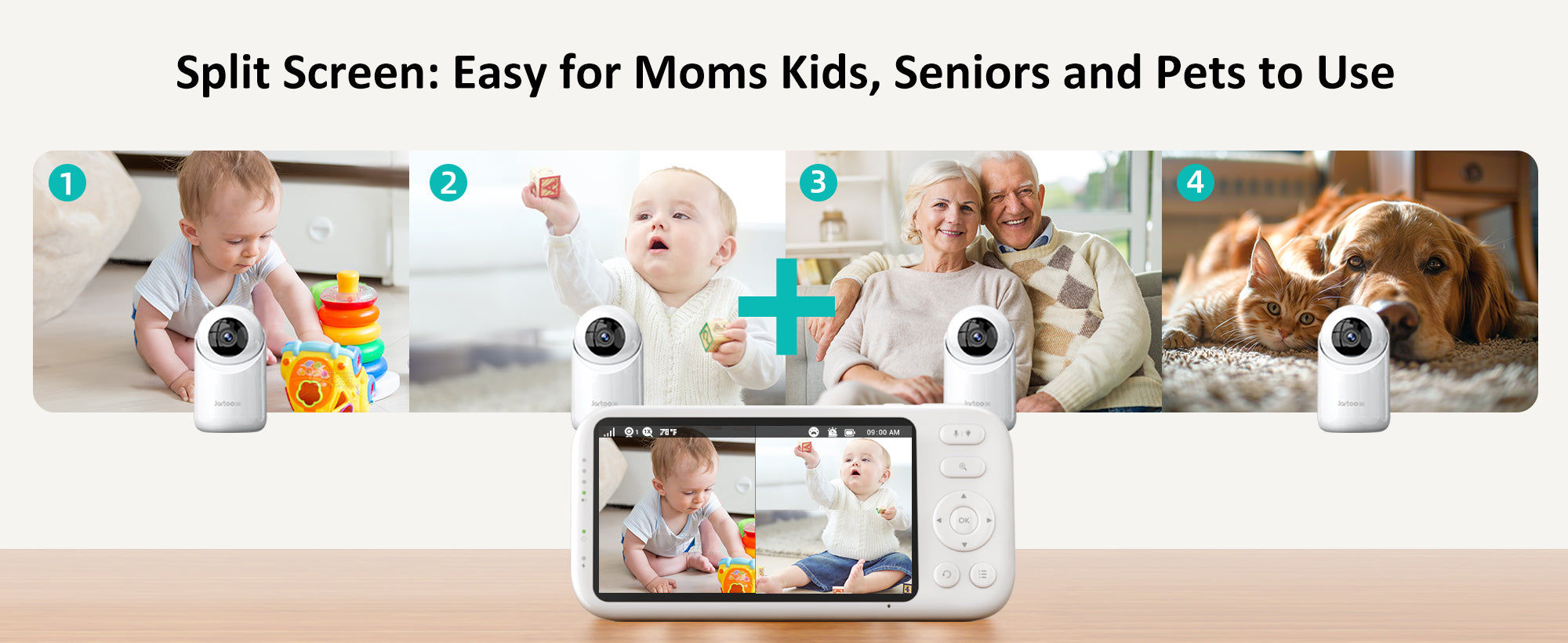 Jartoo's Split-Screen Video Baby Monitor offers dual-camera, no-WiFi monitoring with 2K clarity, perfect for multi-room coverage and family peace of mind.