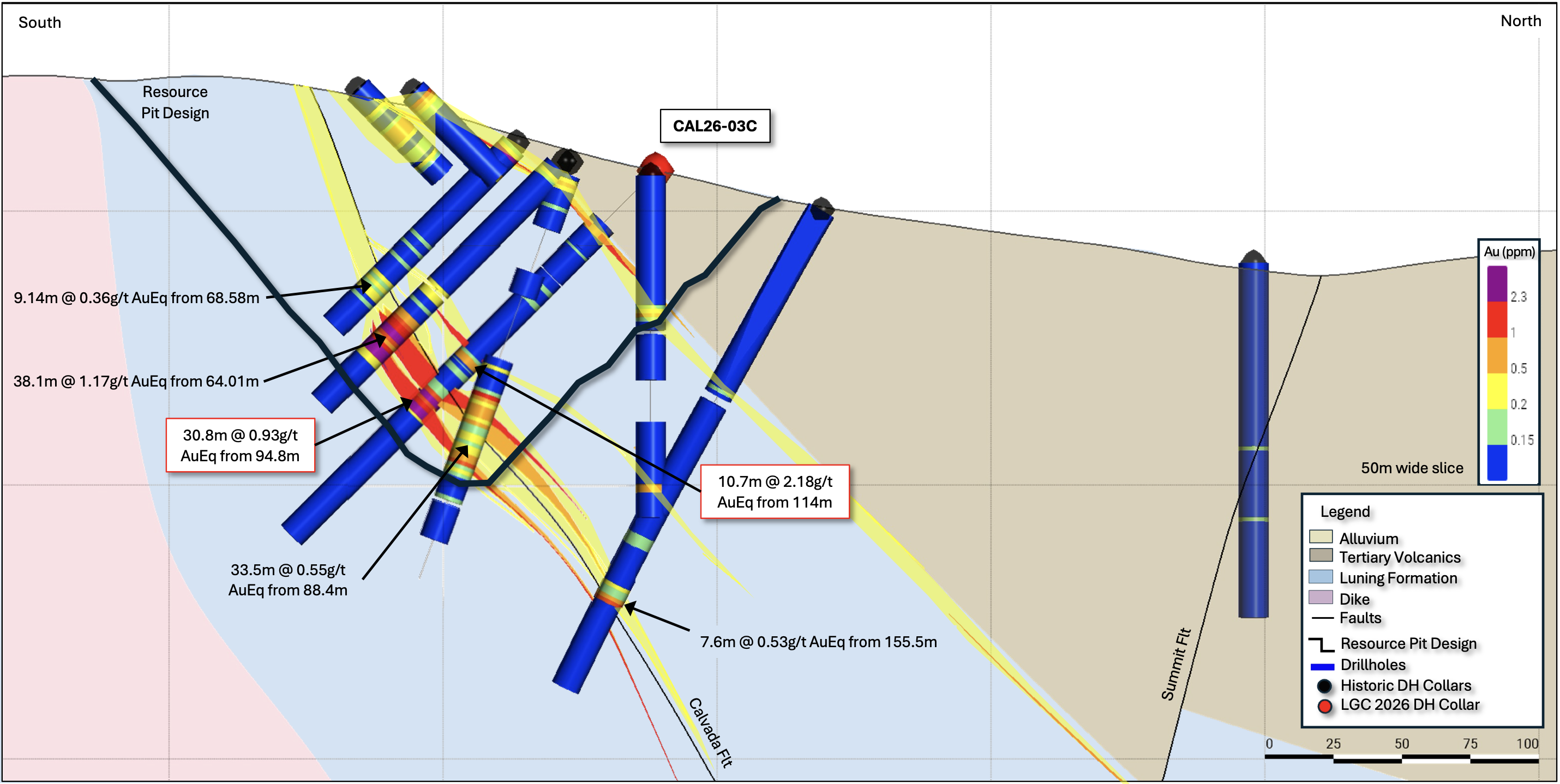 Cross section through drill hole CAL26-03C