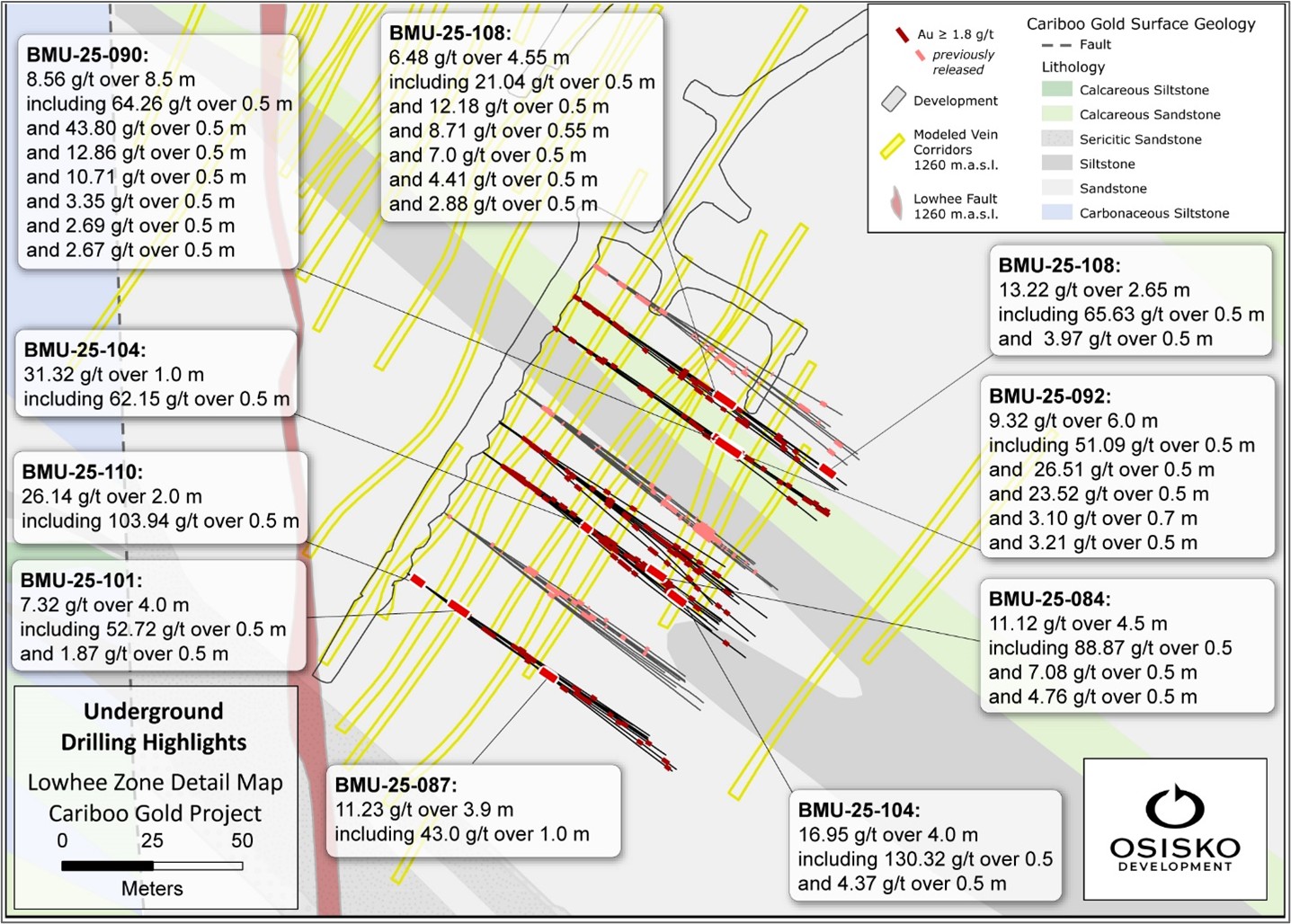 Lowhee Zone infill select underground drilling highlights (plan view). 