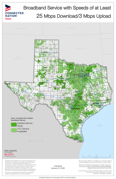 An example of one of the most recently updated broadband coverage maps for Texas. Connected Nation Texas is seeking further public and private input to improve the maps. 