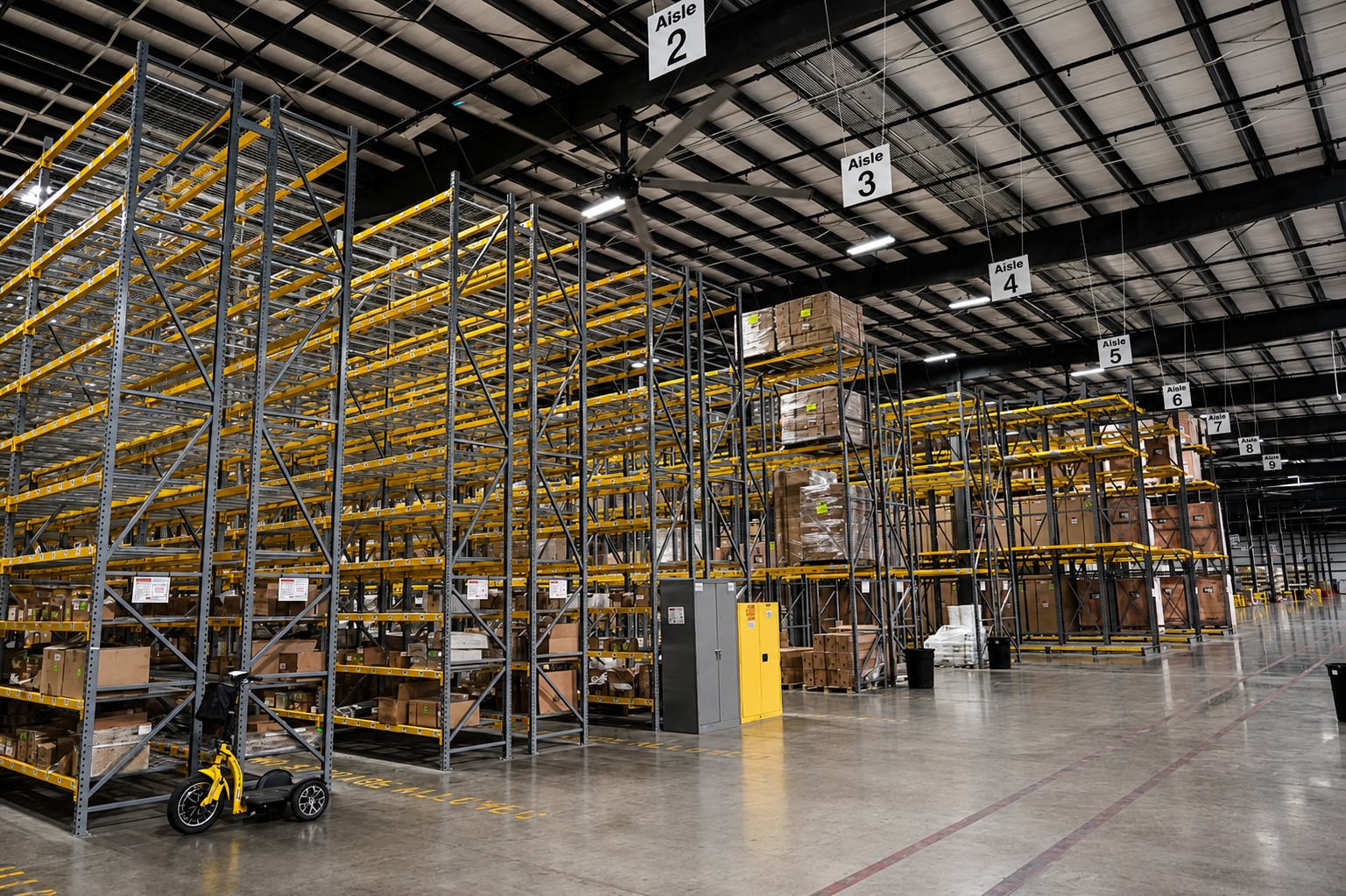 Long rows of product shelving units, inventory pallets and a large multi-blade Cool Boss by BendPak fan inside a warehouse.