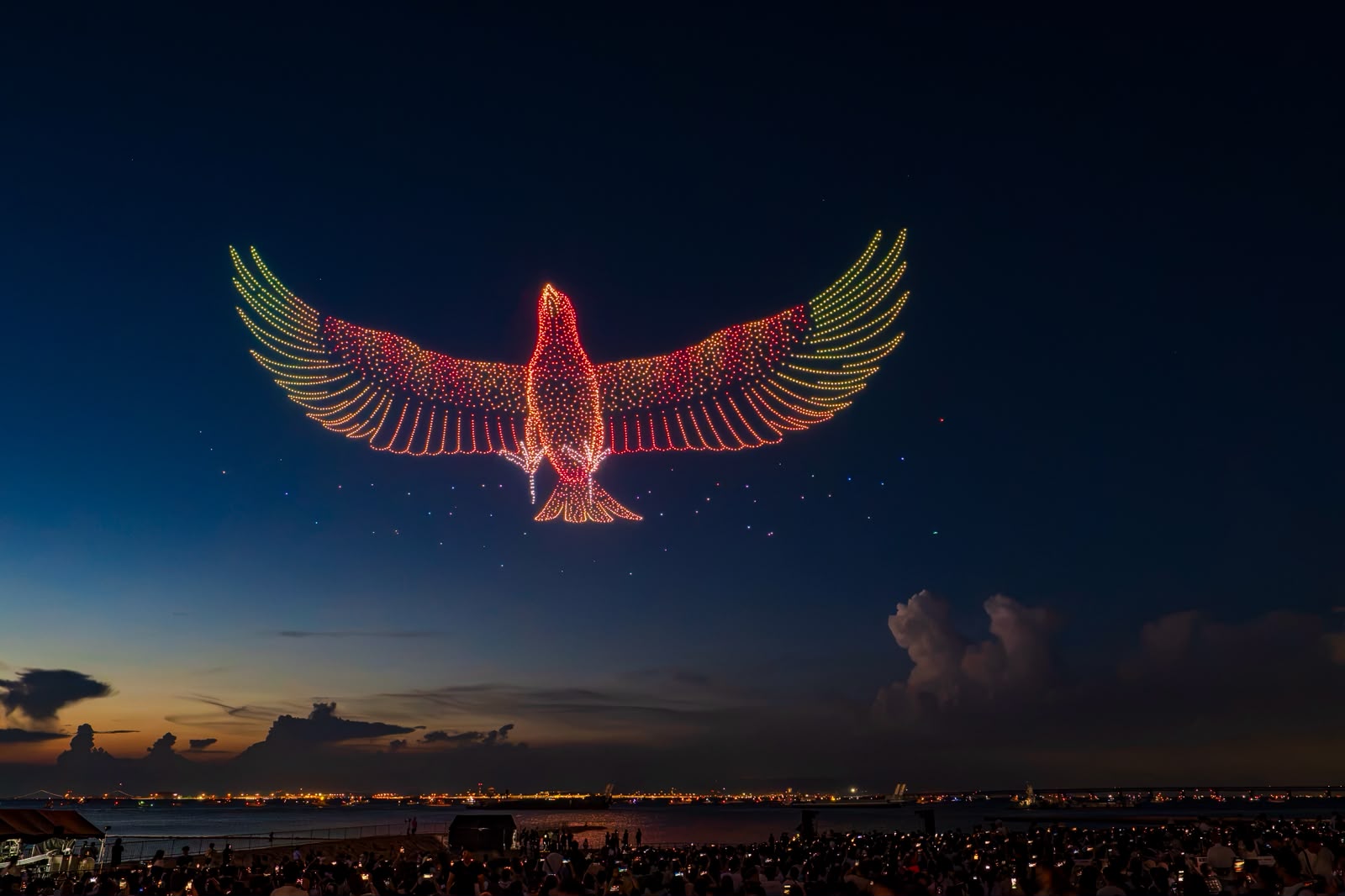 Thousands of synchronized drones form large-scale aerial imagery during the record-setting 4,000-drone light show at the SBI Fireworks Festival.
