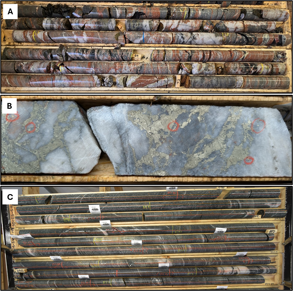A and B) Photographs of SD-25-552 showing the zone of strong alteration, quartz veining and mineralization in the Jubilee Shear with B) a close view of the high-grade quartz vein. C) Variably sheared and veined gabbro dyke identified at depth below the Jubilee Shear in SD-25-540. The core pictures are from NQ-sized drill core with a diameter of 47.6 mm