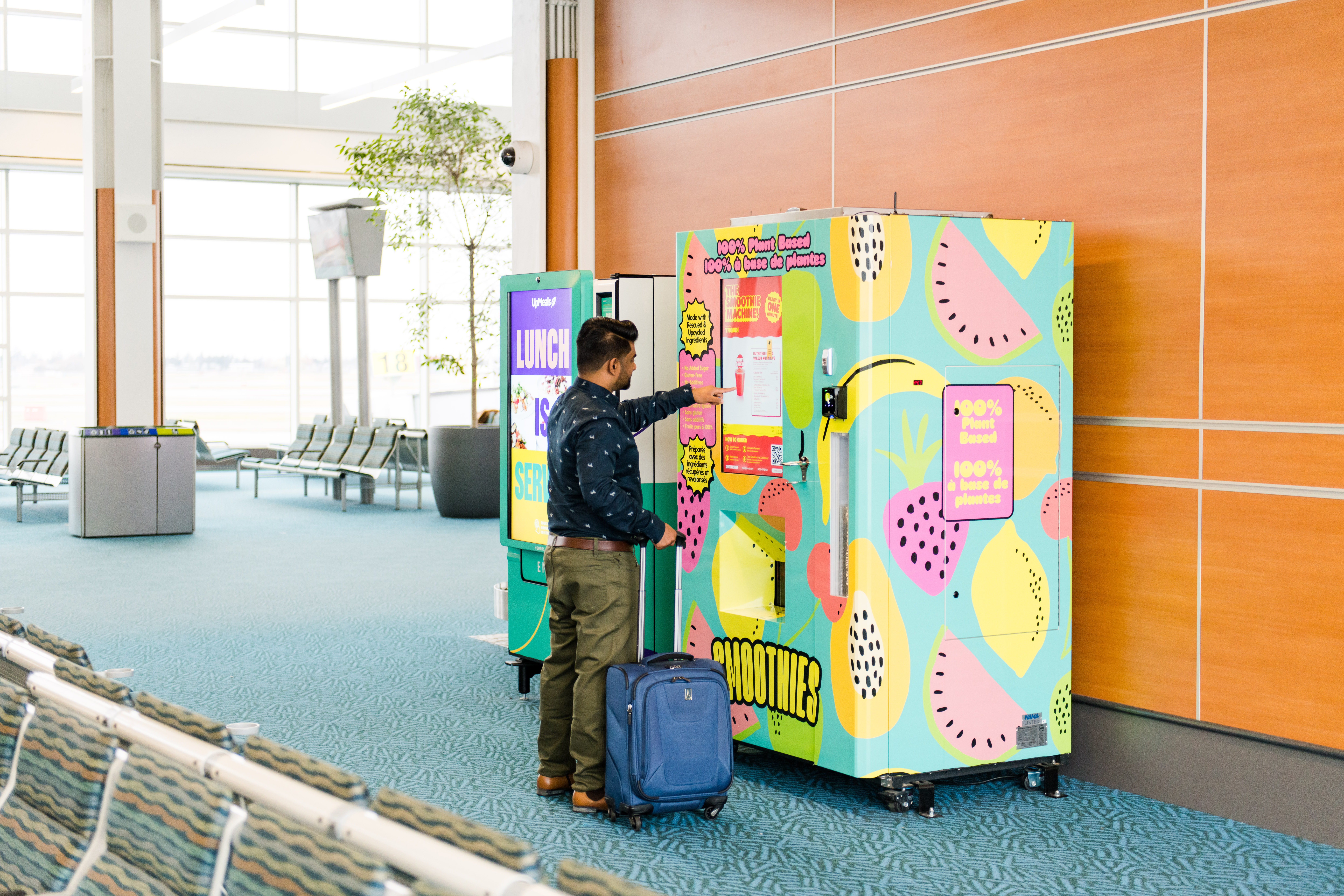 A first for North American airports, five of Trendi's The Smoothie Machines were recently installed in various locations throughout YVR. The robotics vending unit was created to help make healthy options more accessible. It automatically doles out blended smoothies made with rescued fruits and vegetables.