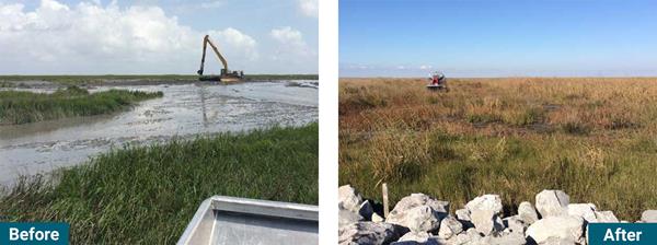 Chef Menteur Pass (Before): Former coastal marsh that reverted to open water (Left)

Chef Menteur Pass (After): Native coastal marsh restored (Right)