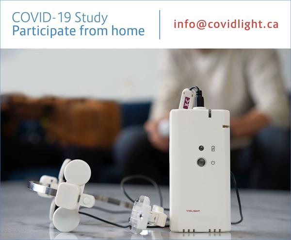 The Vielight RX-Plus photobimodulation (PBM) device. The RX-Plus device employs two LED modules which emit red and near infrared (NIR) light. This home-use device is investigated as a non-invasive therapy for COVID-19 patients in a new clinical trial. 