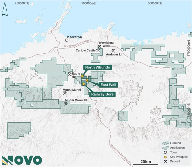 Figure 3: Karratha District showing Novo tenure and significant prospects