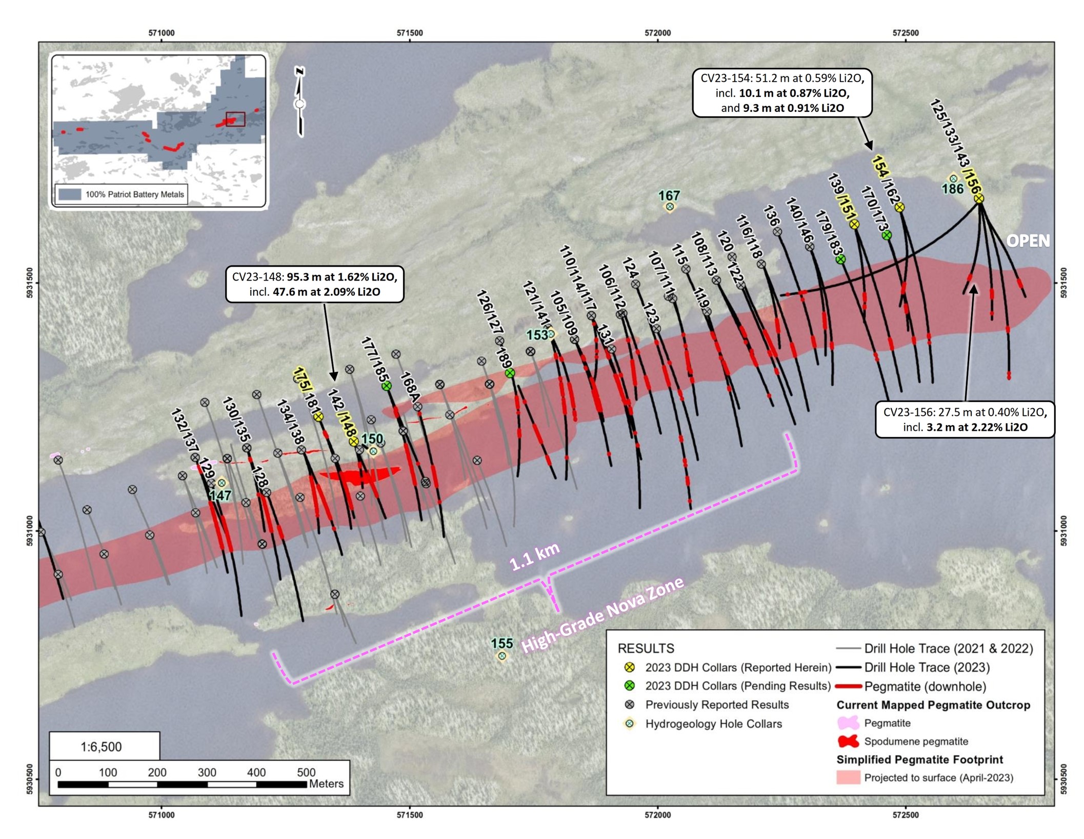 Drill holes completed at the CV5 Pegmatite through the 2023 winter drill program – east-central, and eastern areas