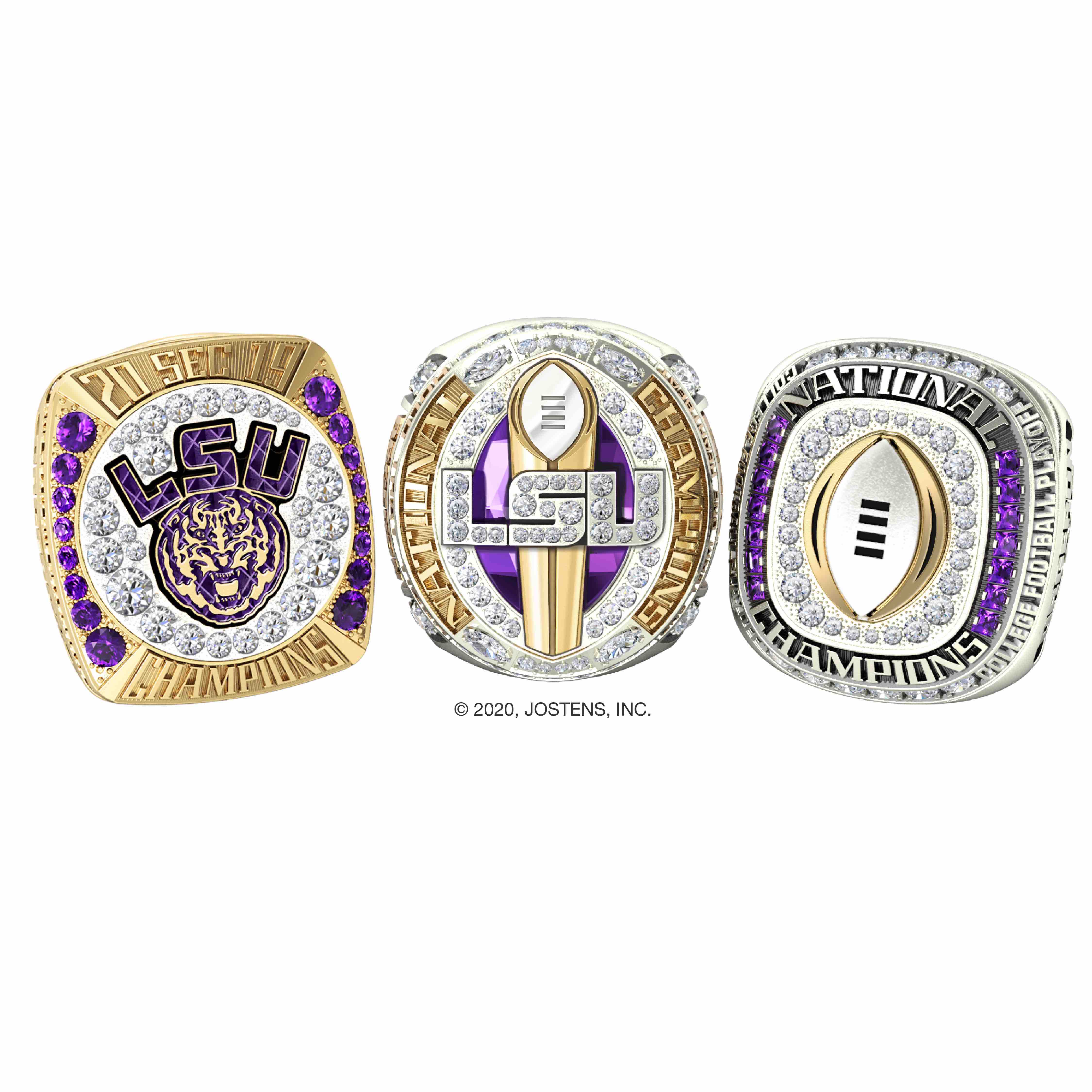 Three championship rings celebrating LSU's 2019 football season, designed and produced by Jostens.