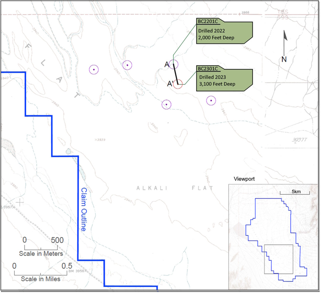 Drill collar location map of holes BC2201C and BC2301C, with section line A-A