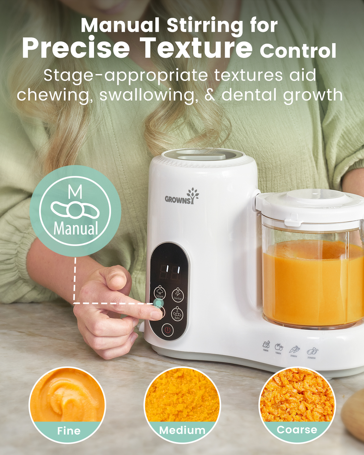 GROWNSY Baby Food Maker Manual Stirring for Precise Texture Control