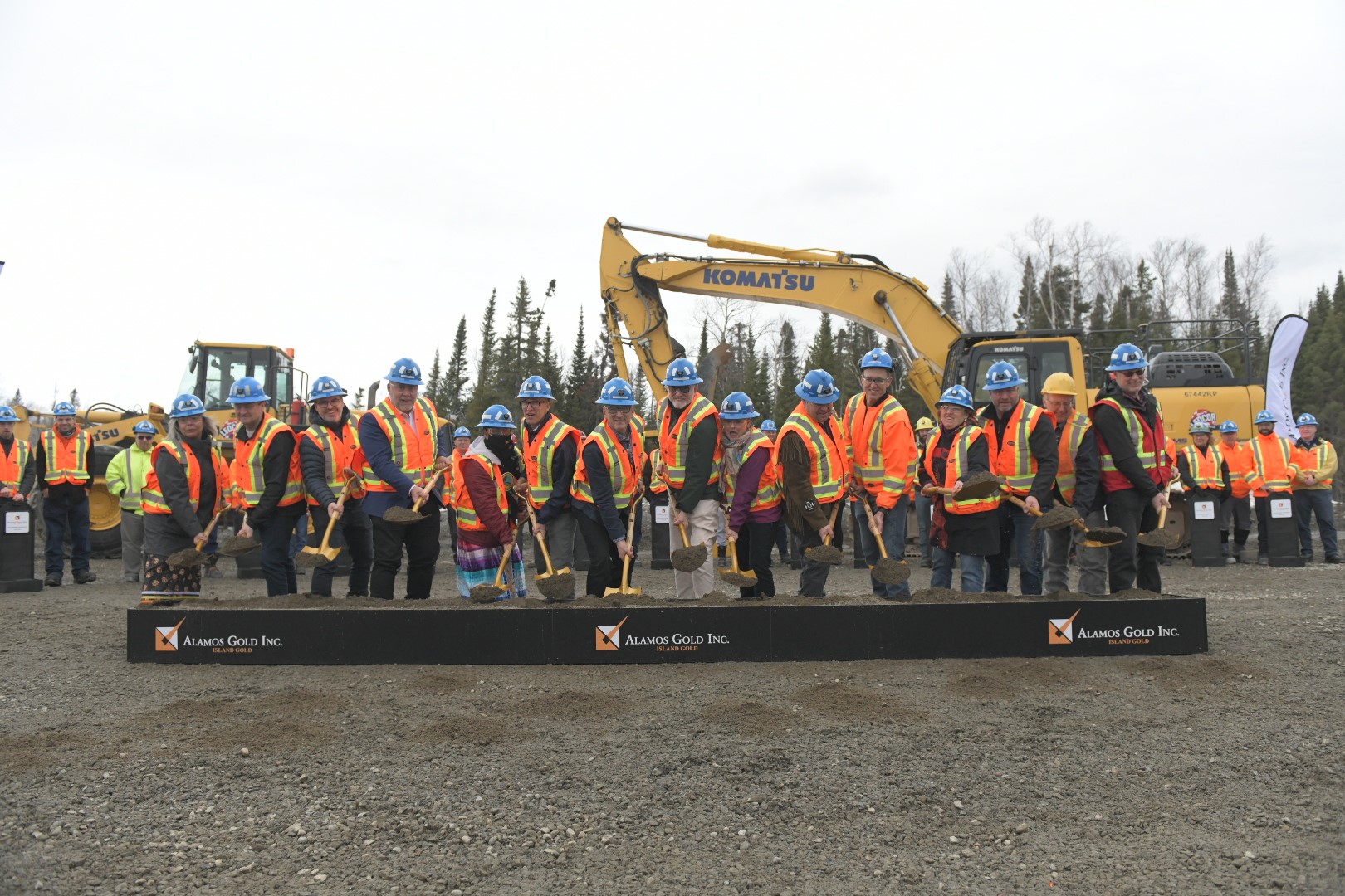 Participating in the Groundbreaking, from left to right: Lois MacDonald (Missanabie Cree First Nation), John Fitzgerald (Vice President, Projects, Alamos Gold), Jamie Porter (Chief Financial Officer, Alamos Gold), Todd Smith (Minister of Energy, Government of Ontario), Patricia Tangie (Chief of Michipicoten First Nation)), Peter MacPhail (Chief Operating Officer, Alamos Gold), Greg Rickford (Minister of Northern Development, Mines, Natural Resources and Forestry), John McCluskey (President and Chief Executive Officer, Alamos Gold), Beverly Nantal (Mayor of Dubreuilville), Jason Gauthier (Chief of Missanabie Cree First Nation), Austin Hemphill (General Manager, Island Gold Mine, Alamos Gold), Carol Hughes (Member of Parliament, Algoma – Manitoulin – Kapuskasing), Michael Mantha (Member of Provincial Parliament, Algoma – Manitoulin), Angelo Bazzoni (Mayor of White River) and John Wild (Director, Ledcor Group).