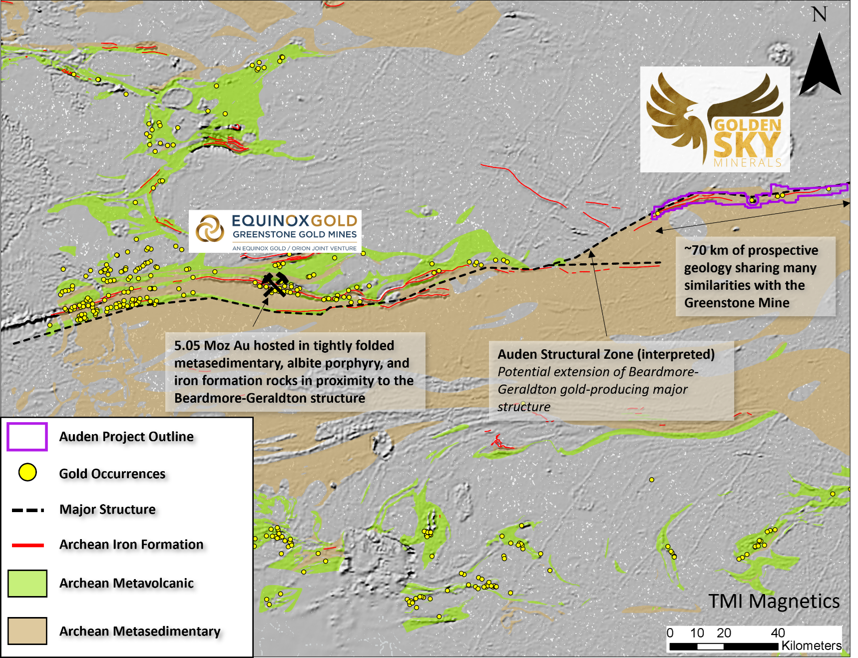 Figure 2: The Auden Property is interpreted to overlie an extension of the gold-producing Beardmore-Geraldton Structure.